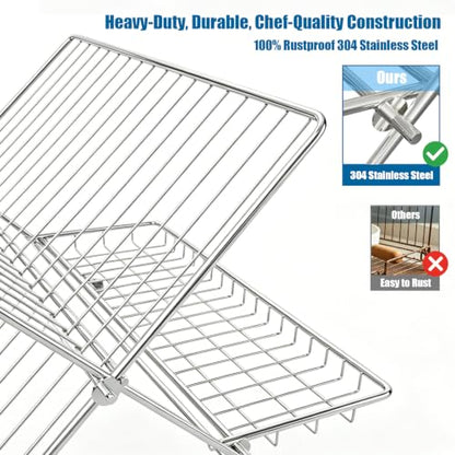 Stainless Steel Foldable Dish Drying Rack, 2 Tier Collapsible Kitchen Rack for Counter, Large Capacity Expandable Dish Drainer Rust Proof