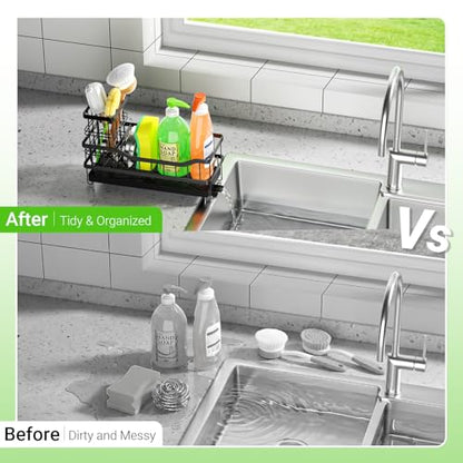 Sponge Holder for Kitchen Sink, Self-Draining Sink Caddy Organizer with Removable Brush Holder, Rustproof Metal Sponge Rack for Countertop, Fits Soap Dispenser & Scrubber, Black