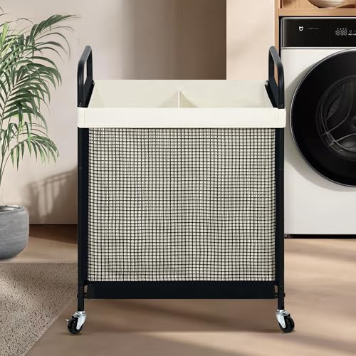 Laundry Hamper 2 Section, 100L Rolling Laundry Sorter Cart with Removable and Washable Liner Bag, Clothes Hamper with Wheels and Metal Handle for Laundry Room and Bedroom