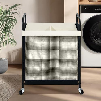 Laundry Hamper 2 Section, 100L Rolling Laundry Sorter Cart with Removable and Washable Liner Bag, Clothes Hamper with Wheels and Metal Handle for Laundry Room and Bedroom