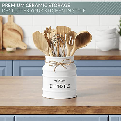 Barnyard Designs Ceramic Kitchen Utensil Holder Countertop 6.75″ (White) | Large Rustic Kitchen Utensil Crock Counter Organizer for Cooking Tools, Spatulas, and Gadgets; Spatula Caddy; Farmhouse Decor