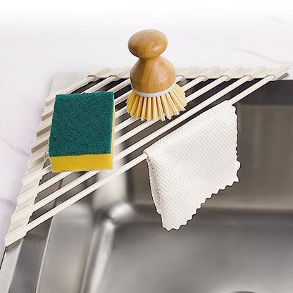 Tomorotec Triangle Roll Up Dish Drying Rack with Silicone Coating, White | 304 Stainless Steel with BPA-Free Silicone, Triangle Design Maximizes Sink Corner Space, Fits Compact Kitchens And RVs