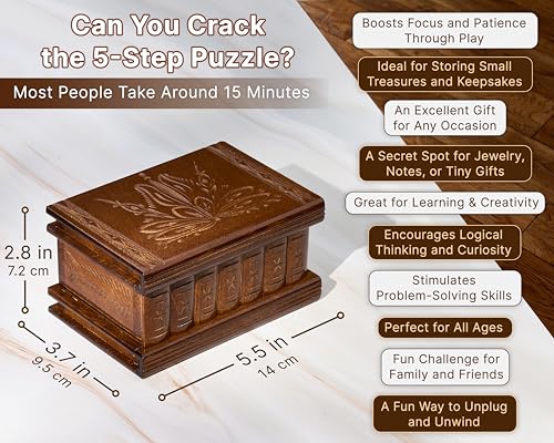 Puzzle Box with Hidden Compartments, Secret Lock and Key | Maple Wooden Puzzle Box in 5 Steps, Hand-Carved with Transylvanian Motifs for Adults and Kids. Ideal for Money and Gift Card