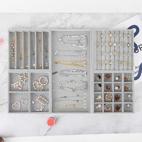 Fixwal Jewelry Organizer Trays 5 Pack 14in Stackable Drawer Box Dividers | Stackable 14in Trays, Removable Dividers, Multi-Layer Design, for Earrings Necklaces Bracelets and Watches