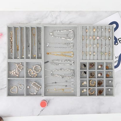 Fixwal Jewelry Organizer Trays 5 Pack 14in Stackable Drawer Box Dividers | Stackable 14in Trays, Removable Dividers, Multi-Layer Design, for Earrings Necklaces Bracelets and Watches