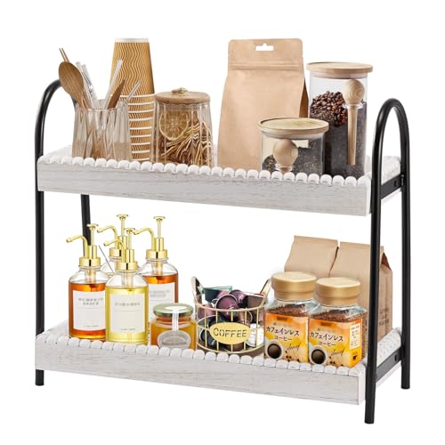2 Tier Coffee Bar Organizer, Wood Coffee Bar Accessories Shelf for Countertop, Rustic Coffee Station Organizer Decor Stand Rack for Mugs Cups Syrup, Condiment Storage Holder for Kitchen, Home, Office