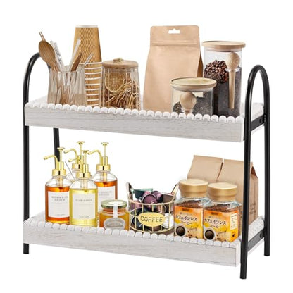2 Tier Coffee Bar Organizer, Wood Coffee Bar Accessories Shelf for Countertop, Rustic Coffee Station Organizer Decor Stand Rack for Mugs Cups Syrup, Condiment Storage Holder for Kitchen, Home, Office