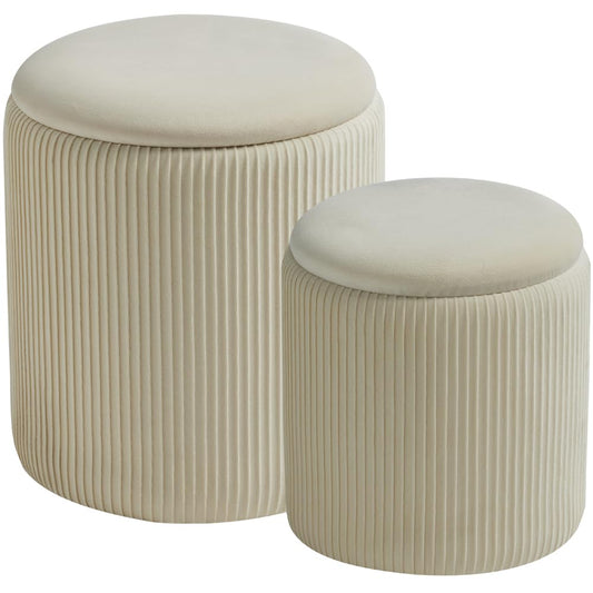 Set of 2 Round Storage Ottoman, White Velvet Ottom... (Cream | Velvet)