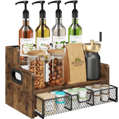 Coffee Syrup Rack Organizer, 3-Tier 8 Bottles Syru... (Rustic Brown | Metal, Wood)