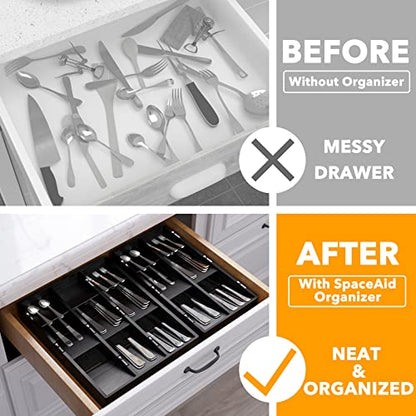 Bamboo Silverware Drawer Organizer with Labels, Ki... (Black | Bamboo)