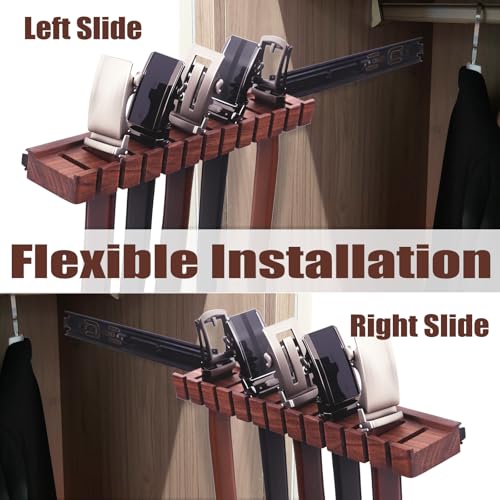 12 Belts Walnut Wood Belt Holder with Slide | Left or Right Slide Flexible Install Belt-rack, Belt Hanger for Closet, Space Saving Belts Storage Organizer, Gift for Men