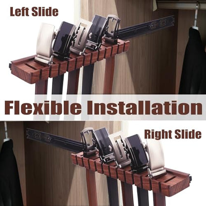 12 Belts Walnut Wood Belt Holder with Slide | Left or Right Slide Flexible Install Belt-rack, Belt Hanger for Closet, Space Saving Belts Storage Organizer, Gift for Men