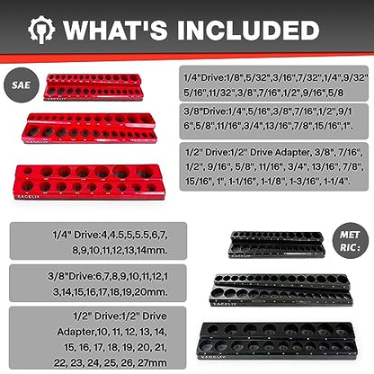 EACELIY Magnetic Socket Organizer Set, 1/2", 1/4" and 3/8" SAE & Metric Deep & Shallow Socket Holder Kit, holds 141 stanard Sockets, attaches to steel box/tool cart (sockets not included) 丨6PCS