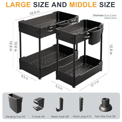 2-Pack Under Sink Organizer with Hooks & Hanging Cup for Kitchen | Multi-use kitchen & bathroom storage, 12.8 inch black cabinet organizer, with hooks and hanging cup for easy access.