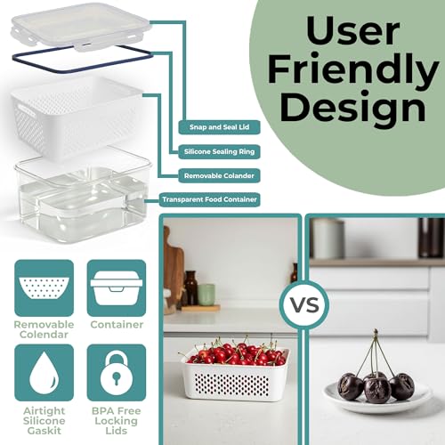 5 Pack Large Fruit Storage Containers for Fridge with Removable Colander | Plastic Food Storage Containers with Lids Airtight-Leak Proof Refrigerator Organizers and Storage of Vegetable