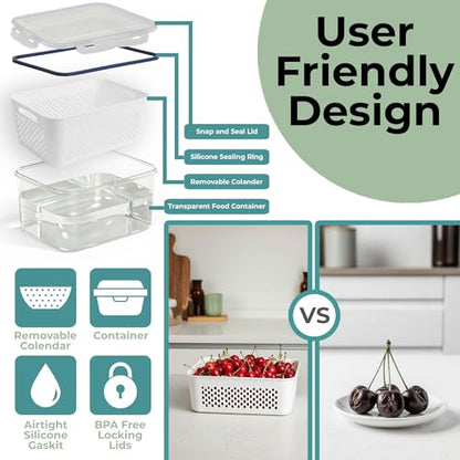 5 Pack Large Fruit Storage Containers for Fridge with Removable Colander | Plastic Food Storage Containers with Lids Airtight-Leak Proof Refrigerator Organizers and Storage of Vegetable