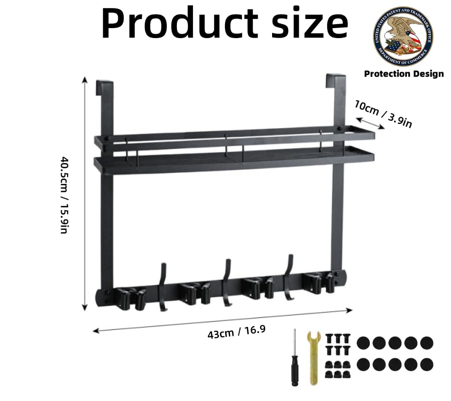 Over the Door Heavy Duty Metal Broom & Mop Holder, No-Drill Cleaning Supply Organizer with 4 Grips, 3 Hooks & 1 Storage Basket for Laundry Room & Garage