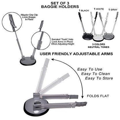 3 Pack Baggy Rack Holders for Meal Prep Bags, Adjustable Food Prep Baggie Holder Stand, Hands Free Plastic & Freezer Bag Holder Stand for Filling, Compatible with Ziplock Bag Storage, Black White Gray