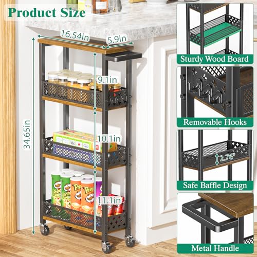 4-Tier Slim Rolling Storage Cart for Kitchen Bathroom Organizer, Mobile Narrow Storage Cabinet Utility Cart with Wood Rack on Wheels for Pantry Laundry Small Space