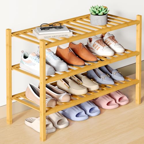 Smiry Bamboo Shoe Rack for Closet, 3 Tier - 26.77" Wide, Natural | Stackable Wooden Shoe Organizer, Wood Shoe Storage Shelf for Entryway, 14 Vertical Slats, Reinforced Legs
