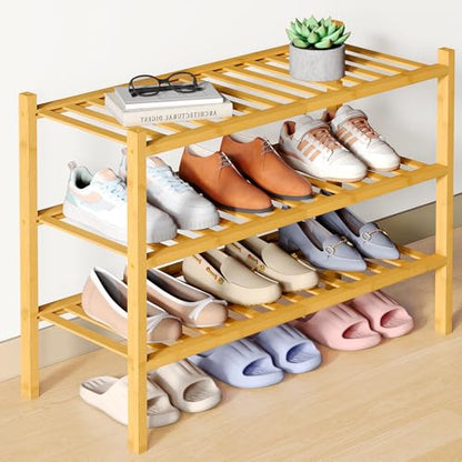 Smiry Bamboo Shoe Rack for Closet, 3 Tier - 26.77" Wide, Natural | Stackable Wooden Shoe Organizer, Wood Shoe Storage Shelf for Entryway, 14 Vertical Slats, Reinforced Legs