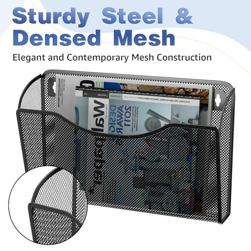 MINDEPOT Wall File Organizer, Hanging Wall File Holder, 3 Pack, Black | Heavy Duty Iron, Metal Mesh Wall Mount, Single Pocket, Mail Organizer, for Office School Classroom Home, Letter A4 Size
