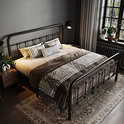 Allewie Queen Metal Bed Frame with Victorian Iron-Art Headboard, Black | Victorian Style Wrought Iron-Art Headboard/Footboard, Easy Assembly, Under Bed Storage, No Box Spring Required