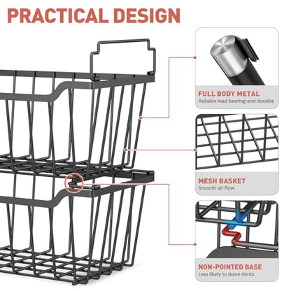 Freezer Organizer Bins for 3.5-7 Cu.FT Chest Freezer, 4 Pack Black | Foldable Handle Stackable Freezer Baskets, Coated Metal Freezer Storage Bins with Better Space Utilization, Deep Organization