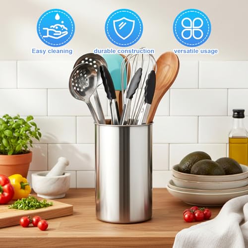 3 Pcs Stainless Steel Utensil Holders for Kitchen Counter, 5.5" x 7.3" Silver Cylinder Countertop Utensil Organizer Heavy Base and Dishwasher Safe for Home Cafe Restaurant Cooking Utensils