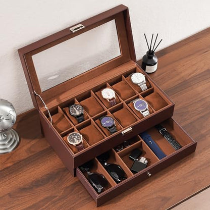 ProCase Watch Box, 12 Slot Watch Case for Men with Drawer, Espresso | 2-Layer Watches Display Case with Glass Lid, Mens Jewelry Box Storage Holder Organizer, Anniversary Christmas Birthday Gift