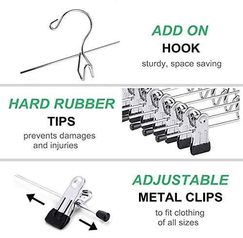 Amber Home 12 Pack Heavy Duty Add on Metal Pants Skirt Hangers with Clips | Stackable Add-on Metal Clothes Hangers with 2-Adjustable Clips, Cascading Clip Hangers Space Saving for Jeans, Slacks