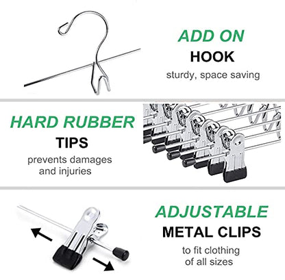 Amber Home 12 Pack Heavy Duty Add on Metal Pants Skirt Hangers with Clips | Stackable Add-on Metal Clothes Hangers with 2-Adjustable Clips, Cascading Clip Hangers Space Saving for Jeans, Slacks