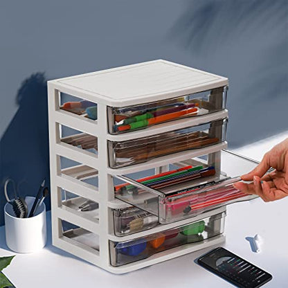 5 Drawer Desktop Storage Bin Unit, Small Plastic Organizer, White Frame with Clear Drawer, Mini Container Case for Desk, Storing Craft, Accessory, Stationery