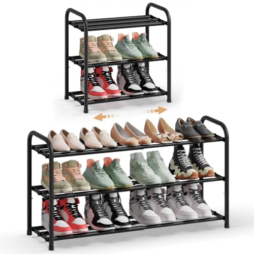 SONGMICS Expandable Shoe Rack, Adjustable Shoe Organizer Storage Shelf, Sturdy and Heavy-Duty, for Closet, Entryway, Living Room, 3-Tier, Ink Black ULMR036BD01