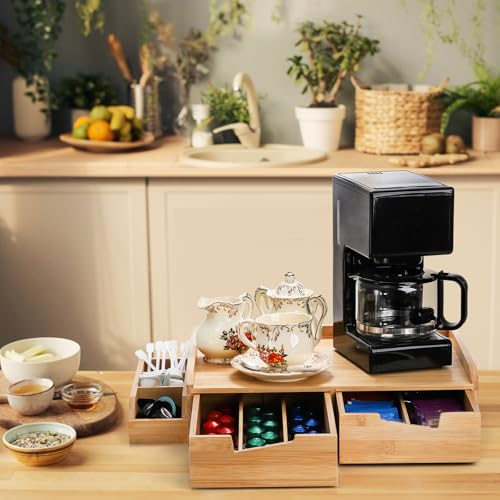 SOUJOY Bamboo 2 Drawer Coffee Pod Organizer with Side Box for K Cup Tea Bag | Space-Saving, Eco-Friendly, Natural Bamboo Organizer for Kitchen Counter, Coffee Bar, Office