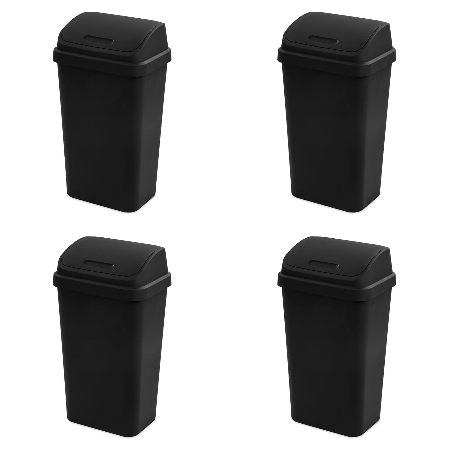 Sterilite Swing Top Wastebasket, Trash Can, 13 Gallon, Black, 4-Pack | Sleek Square Profile Modern Garbage Bin for Kitchen, Bathroom, Garage and Workspace, Fits 13 Gal Liners