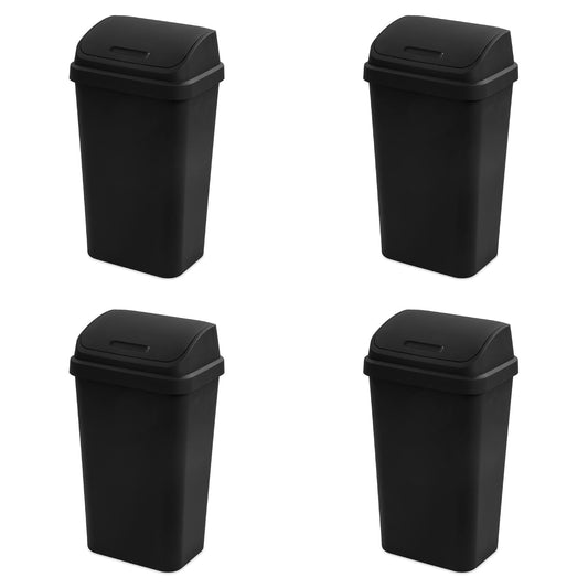 Sterilite Swing Top Wastebasket, Trash Can, 13 Gallon, Black, 4-Pack | Sleek Square Profile Modern Garbage Bin for Kitchen, Bathroom, Garage and Workspace, Fits 13 Gal Liners