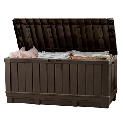 Keter Kentwood 92 Gal Outdoor Storage Box for Patio and Pool Accessories | Brown, Resin, Large, Weatherproof, Lockable, Durable, Easy Assembly, Organization, Patio Cushions Storage