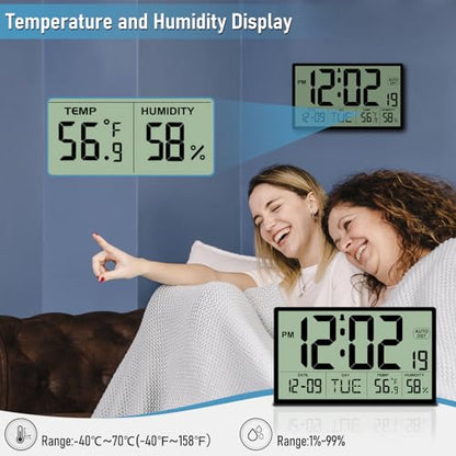 9‘’ Narrow Bezels Battery Operated Digital Wall Clock with Temperature and Humidity - Auto DST, Large 2⅝'' Digits, 5-Level Volume Alarm (3 AA Included) - Wall Mount/Desktop for Office Bedroom Kitchen