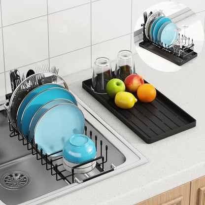 Sink Dish Drying Rack - Expandable Small Dish Rack Over Sinks with Silicone Drying Tray, Dish Drainer for Kitchen Counter with Cutlery Holder, Drying Rack Fit for 14’’-19’’ Kitchen Sink