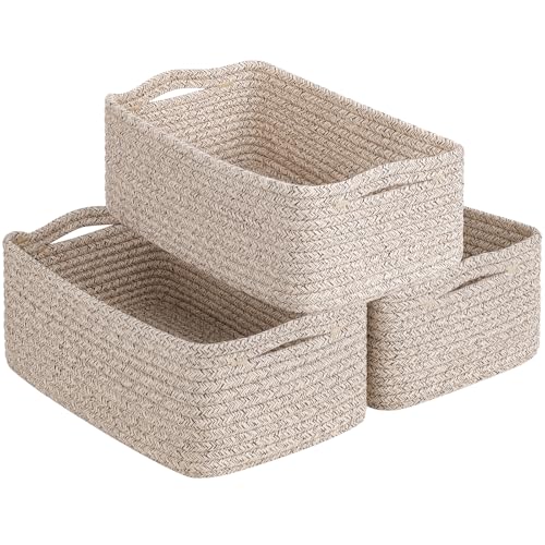 Goodpick 3Pack Rope Storage Baskets for Shelves Organizing, 11 x 7 x 4.5 in | Woven Baskets for Closet Fit Bedroom Lving Room, Small Baskets for Gift Empty, Dog Toy Basket for Pets, White & Light Gray
