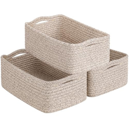 Goodpick 3Pack Rope Storage Baskets for Shelves Organizing, 11 x 7 x 4.5 in | Woven Baskets for Closet Fit Bedroom Lving Room, Small Baskets for Gift Empty, Dog Toy Basket for Pets, White & Light Gray
