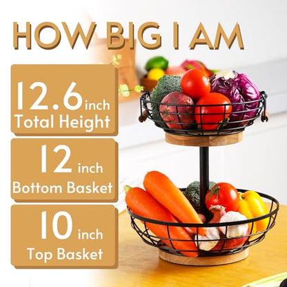 2-tier Fruit Basket Bowl,Metal Basket with Wooden Base,Fruit and Vegetable Storage with Banana Hanger,Fruit Basket for Kitchen Counter Organizer.