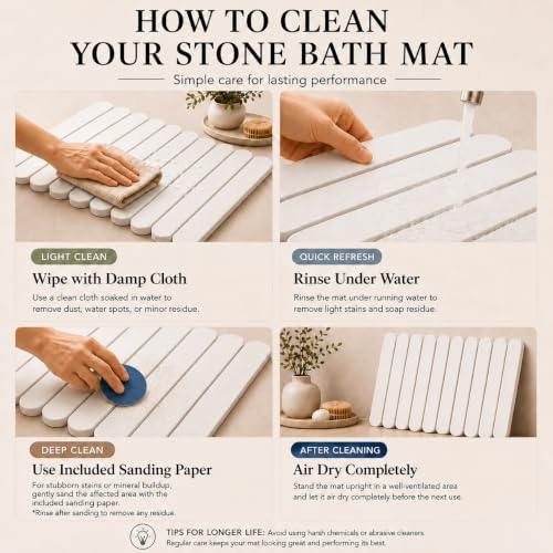 Foldable Stone Bath Mat Large 30" x 17" – Diatomaceous Earth Quick Drying Non-Slip Bathroom Mat – Super Absorbent Diatomite Mat, Durable & Easy to Clean, Modern (White, Large 30" x 17")