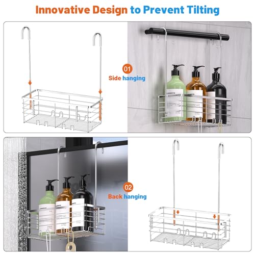 YUOROS 304 Stainless Steel Shower Caddy Hanging (Silver) | Over the Door Shower Organizer Rack Rustproof Bathroom Storage Shampoo Holder Basket
