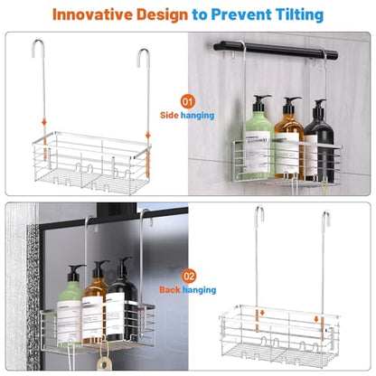 YUOROS 304 Stainless Steel Shower Caddy Hanging (Silver) | Over the Door Shower Organizer Rack Rustproof Bathroom Storage Shampoo Holder Basket