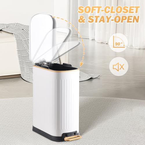 SYNCVIBE Slim Bathroom Trash Can with Soft Close Lid, 3.5 Gal, Matt White | Stainless Steel Garbage Can with Step Pedal, Removable Inner Bucket, Trash Bin for Bedroom, Office, Toilet