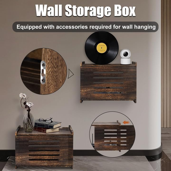 Wooden Router Box Hider Large Charcoal Retro with Cable Management, Modern Wifi Router Shelf Storage Box Wifi Box Hider for Home and Office