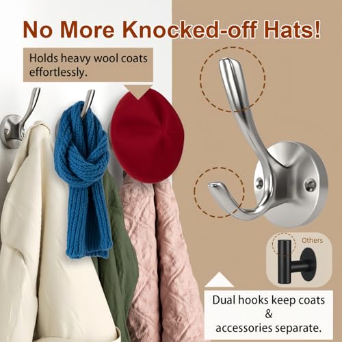 Towel Hooks for Bathrooms Silver Wall Hooks 2 Pack Brushed Nickel Coat Hooks Heavy Duty Towel Wall Hooks for Coats Robes Hats Bath Entryway Cubicle Kitchen Screw in Brushed Nickel Towel Hooks