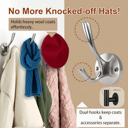 Towel Hooks for Bathrooms Silver Wall Hooks 2 Pack Brushed Nickel Coat Hooks Heavy Duty Towel Wall Hooks for Coats Robes Hats Bath Entryway Cubicle Kitchen Screw in Brushed Nickel Towel Hooks